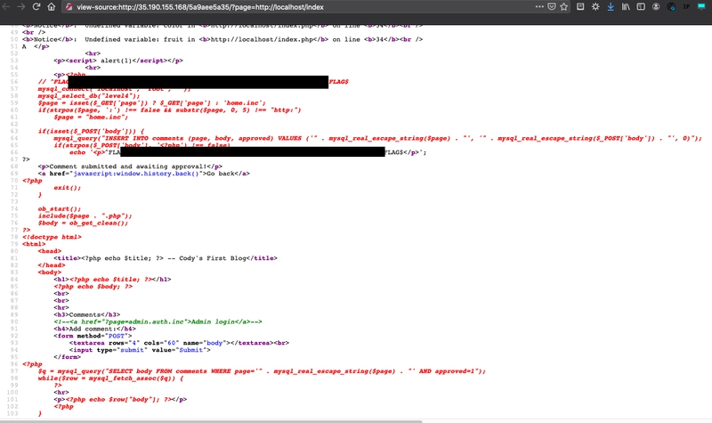 Page source showing php comments and flag